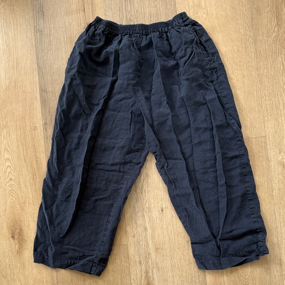 ESKANDAR Navy 100% linen cropped wide leg pants 0 small medium